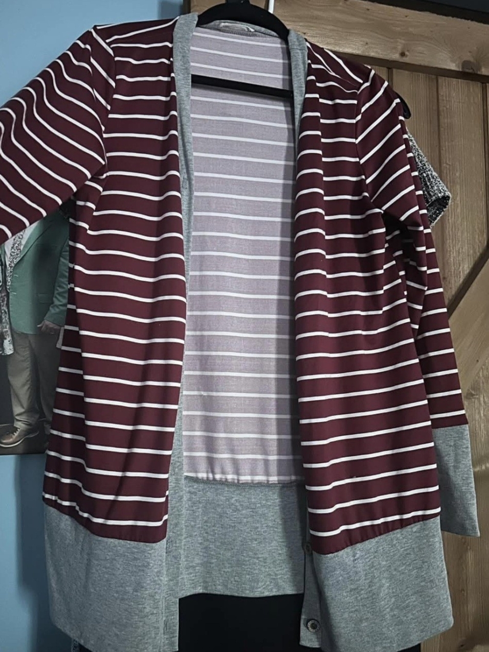 Striped Open Front Cardigan in Burgundy and Gray